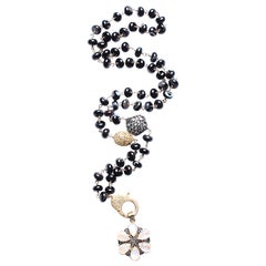 Clarissa Bronfman 14k Gold Black Agate Sapphire Diamond Rosary Necklace