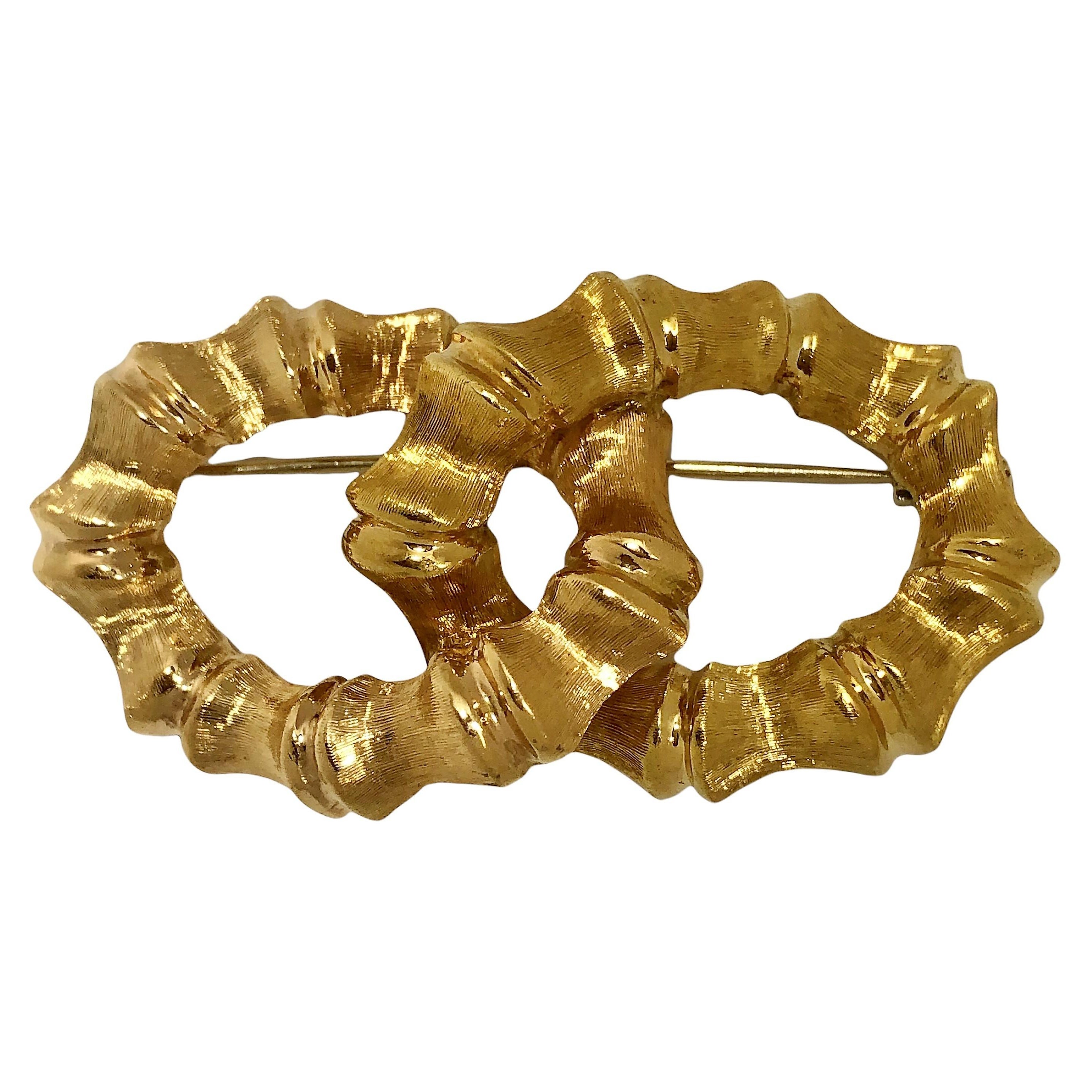 18K Yellow Gold Double Link Bamboo Brooch Made in Italy For Sale
