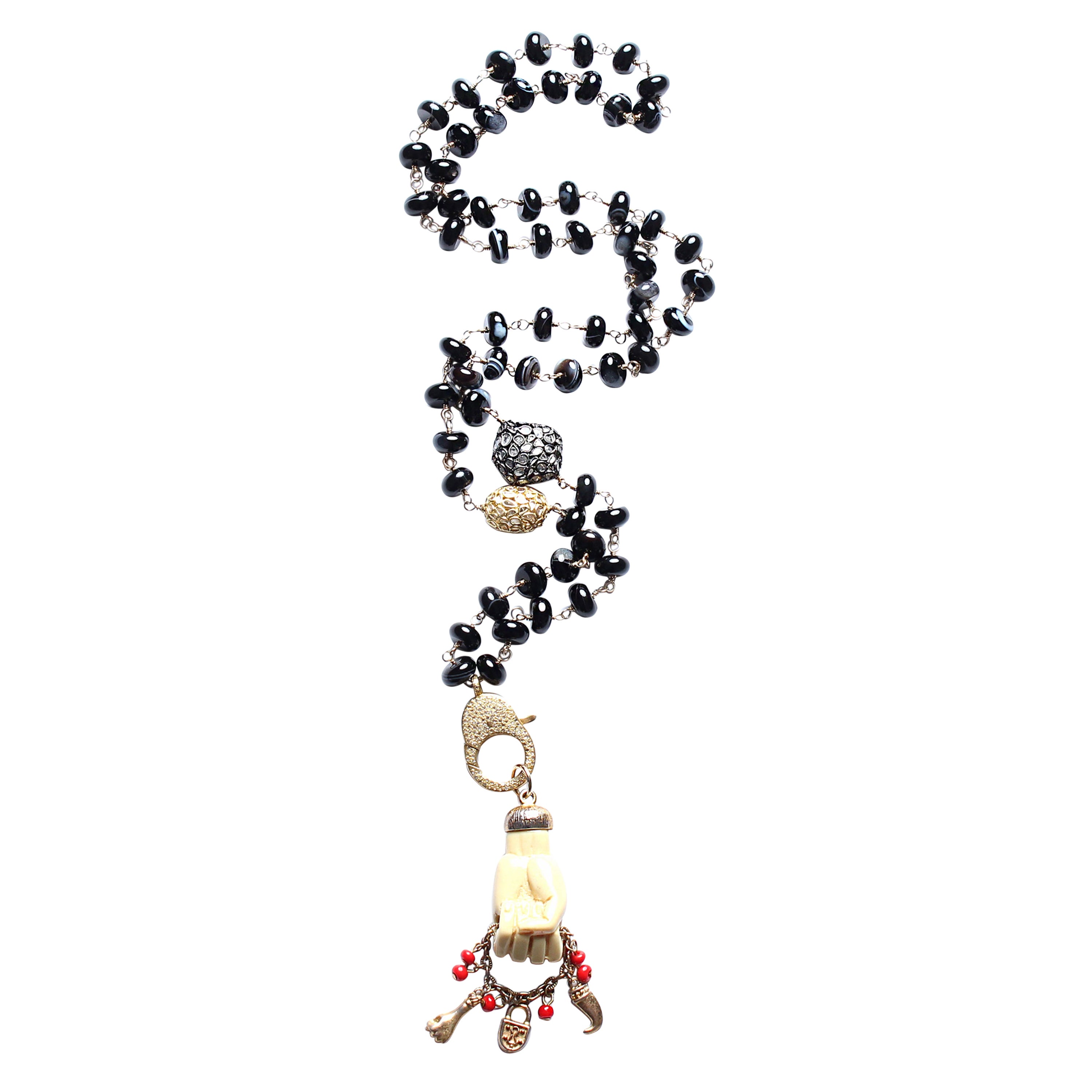 Clarissa Bronfman F*Ck It Ebony 14k Gold Pendant and Quartz Ruby Rosary Necklace For Sale at 1stDibs