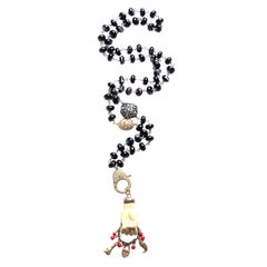 Clarissa Bronfman Black Agate 14k Diamond Enamel Figo Mano Pendant Rosary