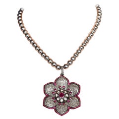 Clarissa Bronfman Ruby Diamond Rose Cut Diamond Flower on Silver Bead Chain