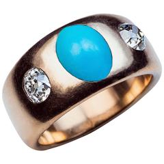 Antique Turquoise Diamond Three Stone Gold Ring