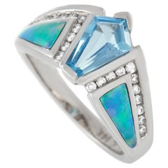 Kabana 14K White Gold Diamond, Aquamarine, and Inlaid Opal Ring