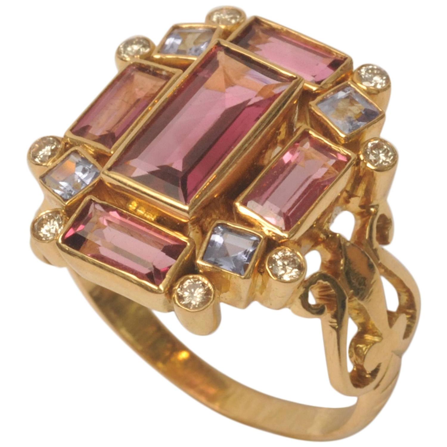 Pink tourmaline, tanzanite, and diamond gold ring