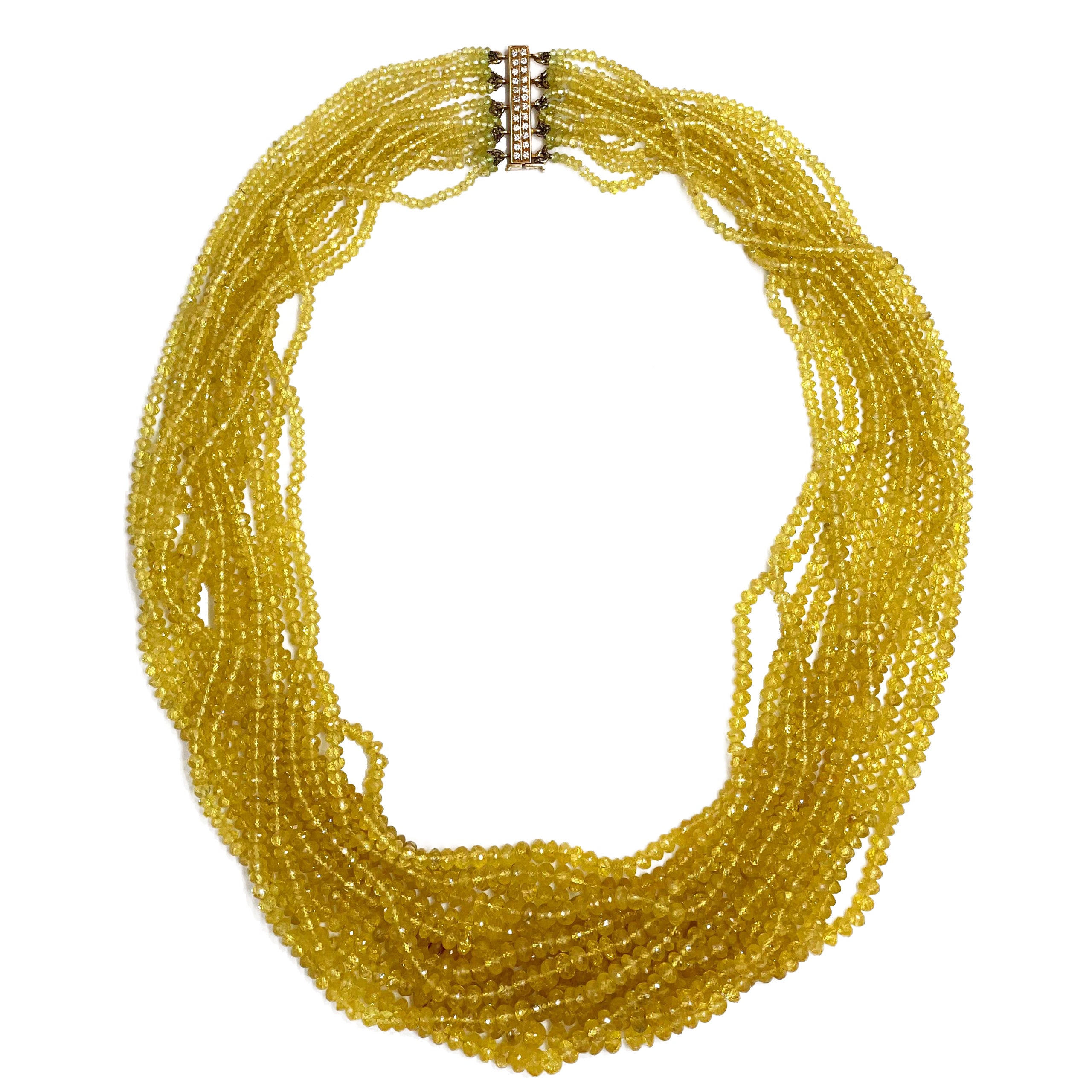 Multi Strand Yellow Sapphire Bead Necklace with 18K Clasp For Sale