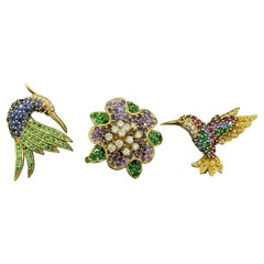 Vintage Jean Vitau 3 Brooch Pins Flower Humingbird Bird Sapphire Diamond 18 Karat Gold