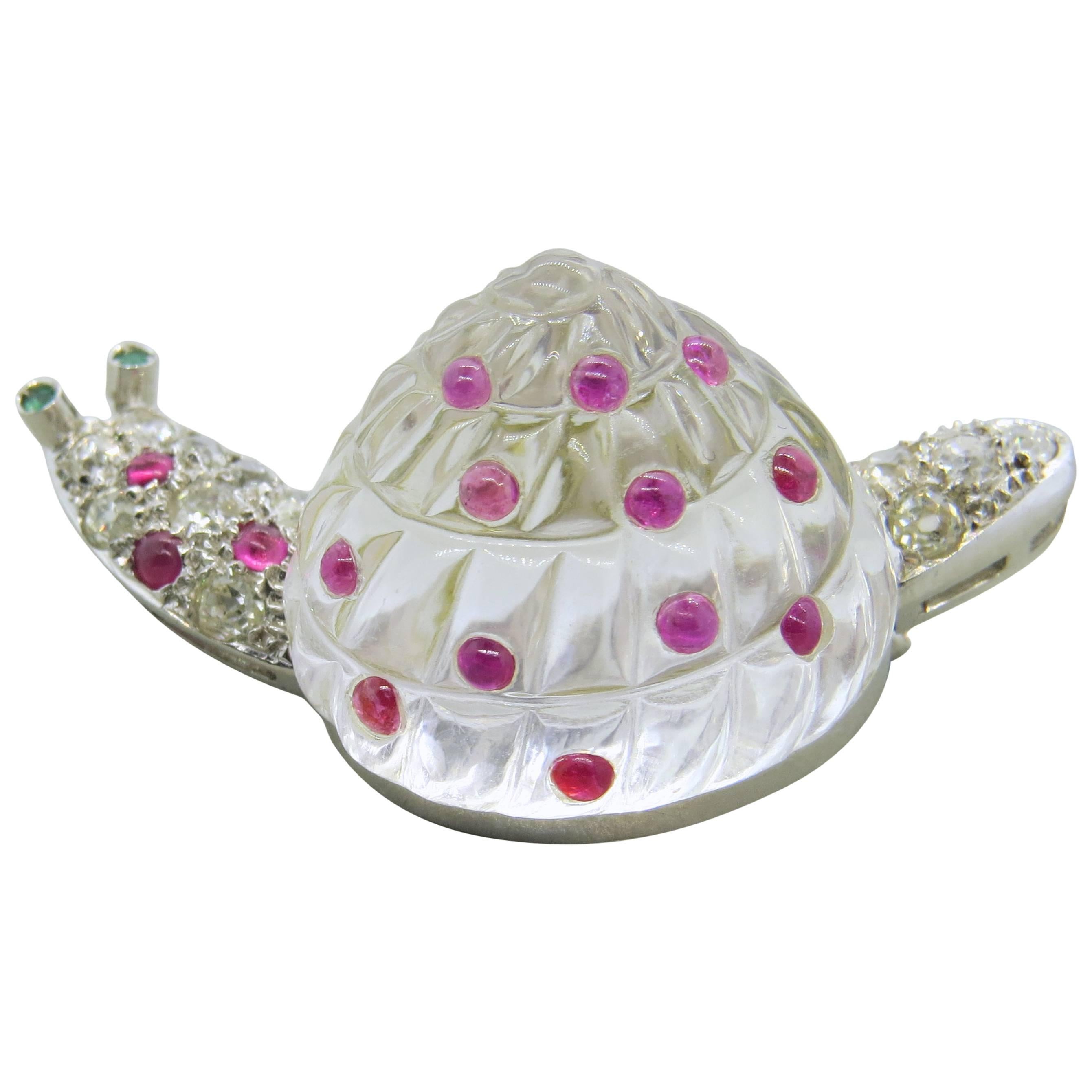 Adorable Antique Crystal Ruby Emerald Diamond Platinum Snail Brooch Pin For Sale