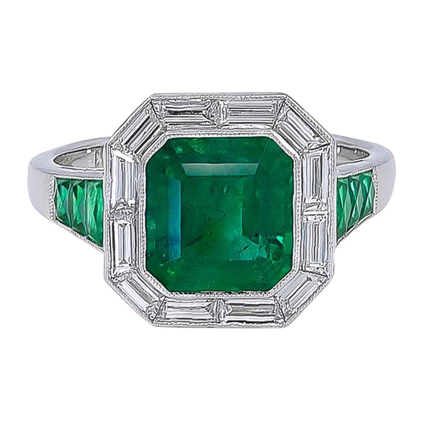 Sophia D. 2.63 Carat Square Cut Emerald  Art Deco Ring Set in Platinum For Sale