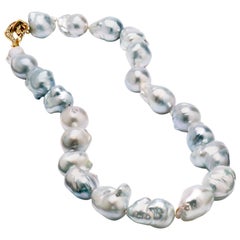 Blue Australian Baroque Pearl Necklace with a 1.01 Carat Diamond Gold Clasp