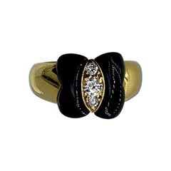 Vintage Van Cleef & Arpels Three Diamond Black Onyx Ring France 18 Karat Gold