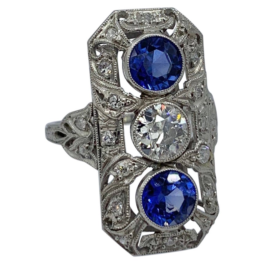 .75 Carat Diamond Sapphire Platinum Wedding Engagement Ring Art Deco Antique For Sale