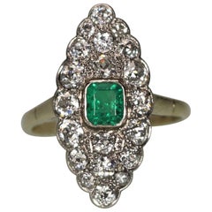 Art Deco Navette Shuttle 14K White Gold Ring with Greenfire Emerald and Diamonds