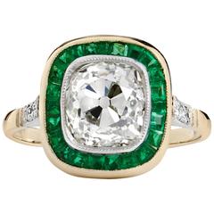  2.49 Carat Old Mine Cut Diamond and Emerald Ring