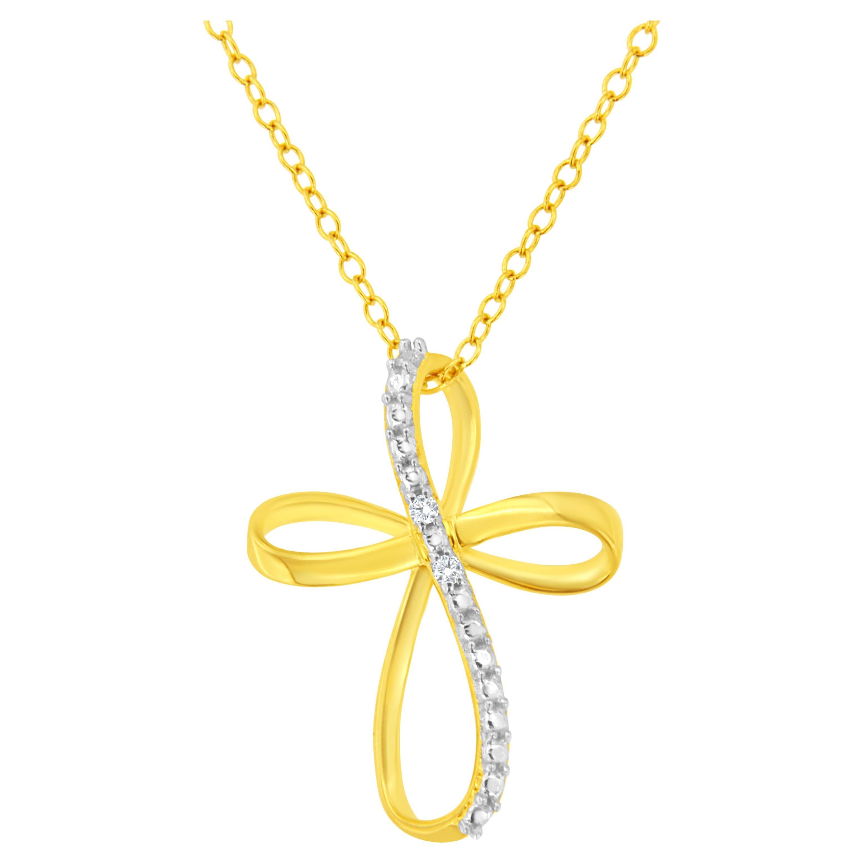 10K Yellow Gold Plated .925 Sterling Silver Diamond Accent Cross Ribbon Pendant  For Sale