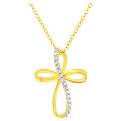 10K Yellow Gold Plated .925 Sterling Silver Diamond Accent Cross Ribbon Pendant 