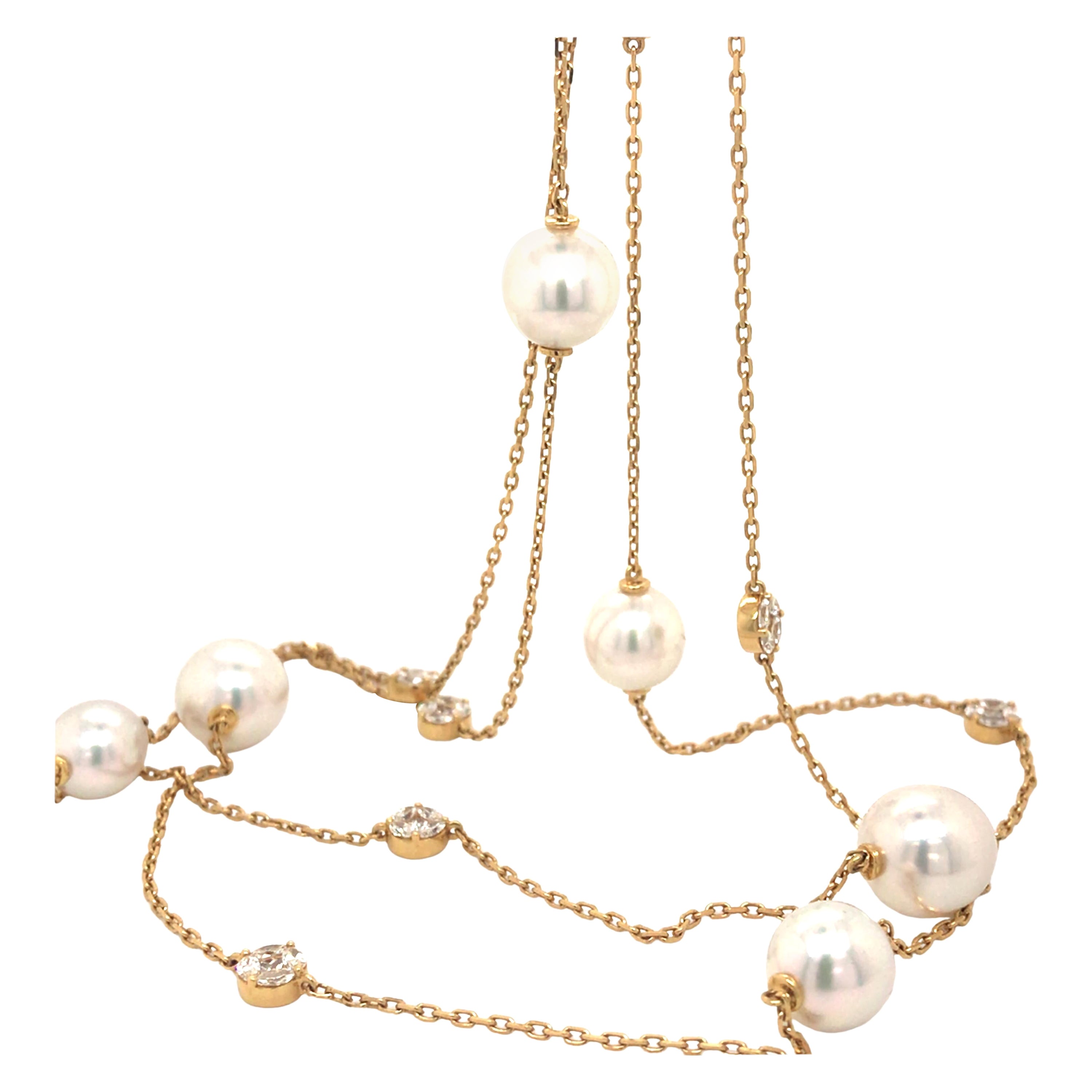 Opera Length Pearl and Diamond Gold Chain Necklace For Sale