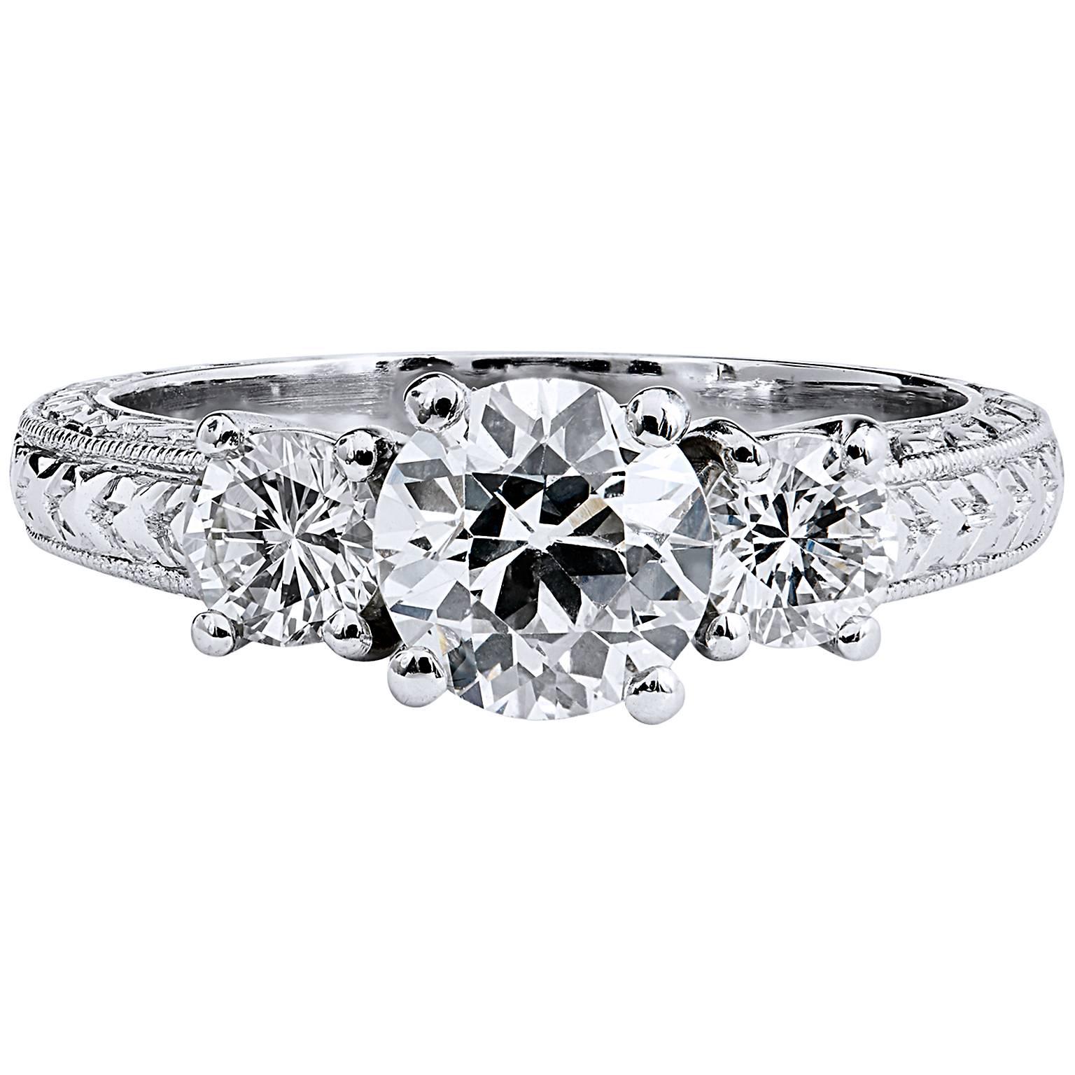 Three-Stone .94 Carat GIA Certified Old European Cut Diamond Platinum Ring