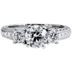 Three Stone .94 Carat GIA Cert Old European Cut Diamond Platinum Engagement Ring 3