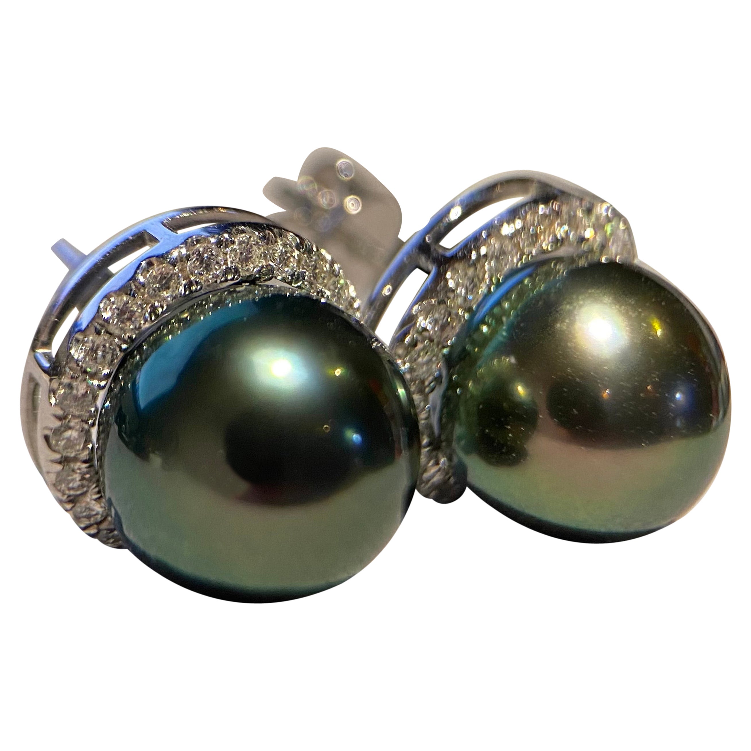 Eostre Peacock Green Black Tone Tahitian Pearl and Diamond Earring in 18K Gold