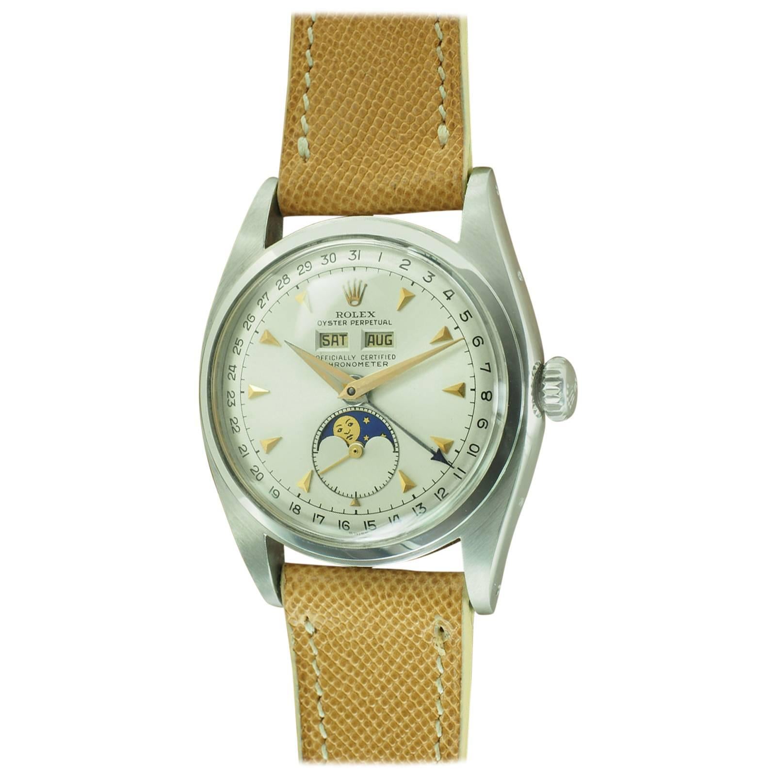 Rolex Stainless Steel Rolex Moonphase Wristwatch Ref 6062 For Sale