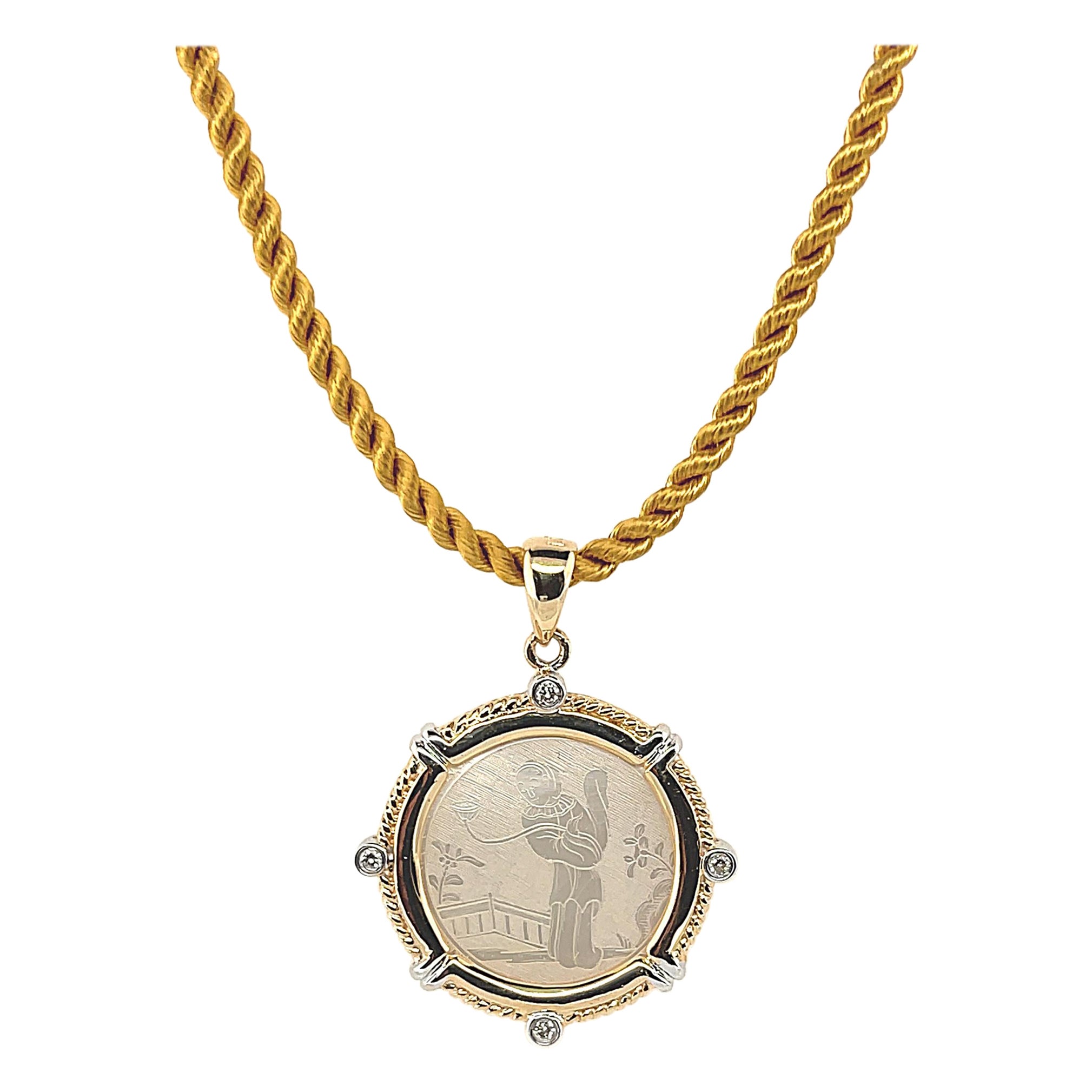 Antique Mother-of-Pearl Gambling Counter Pendant in Yellow Gold with Diamonds For Sale