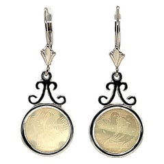 Antique Mother-of-Pearl Gambling Counter White Gold Drop Lever Back Earrings