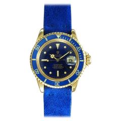 Vintage Rolex Yellow Gold Blue Dial Submariner Wristwatch Ref 1680