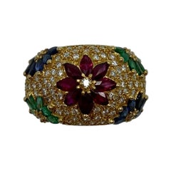 3.76tcw Fine Tutti Frutti Ruby Sapphire Emerald Diamond 18k Yellow Gold Ring