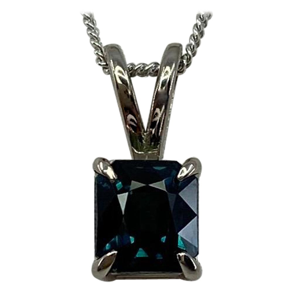 1.44ct IGI Certified Deep Teal Blue Untreated Sapphire 18k White Gold Pendant For Sale