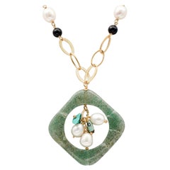 Retro Pearls, Onyx, Turquoise, Green Stone, Pendant Necklace