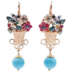 Rubies, Sapphires, Emeralds, Magnesite, 14 Karat Rose and White Gold Dangle Earrings