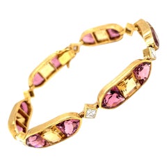 18KT Gold Pink Tourmaline and Citrine Link Bracelet with Diamond Connectors