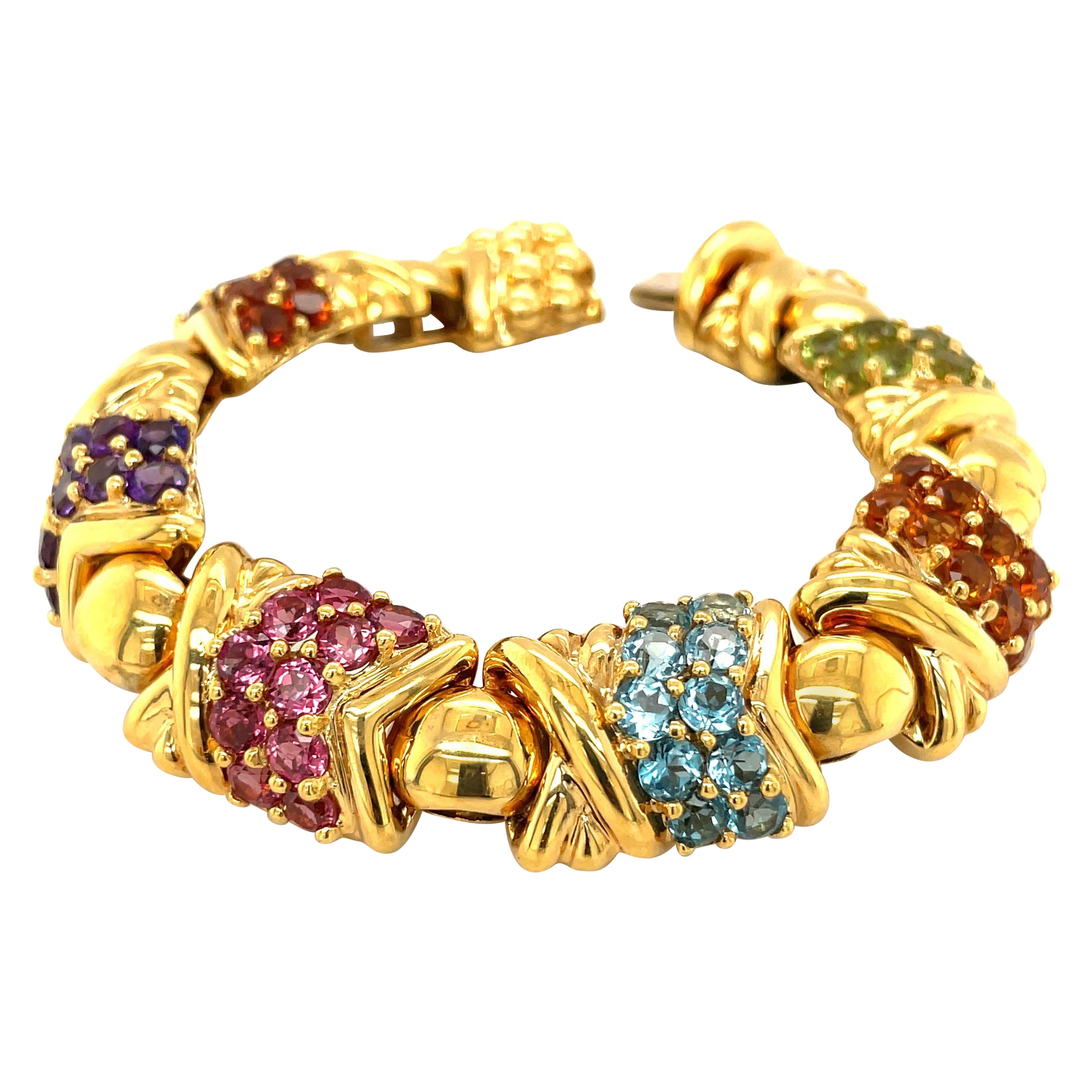 18KT Yellow Gold and Semi-Precious Gem Link Bracelet with "X" Motif For Sale