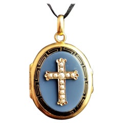 Antique Victorian Mourning Locket, 18k Gold, Chalcedony, Pearl Cross