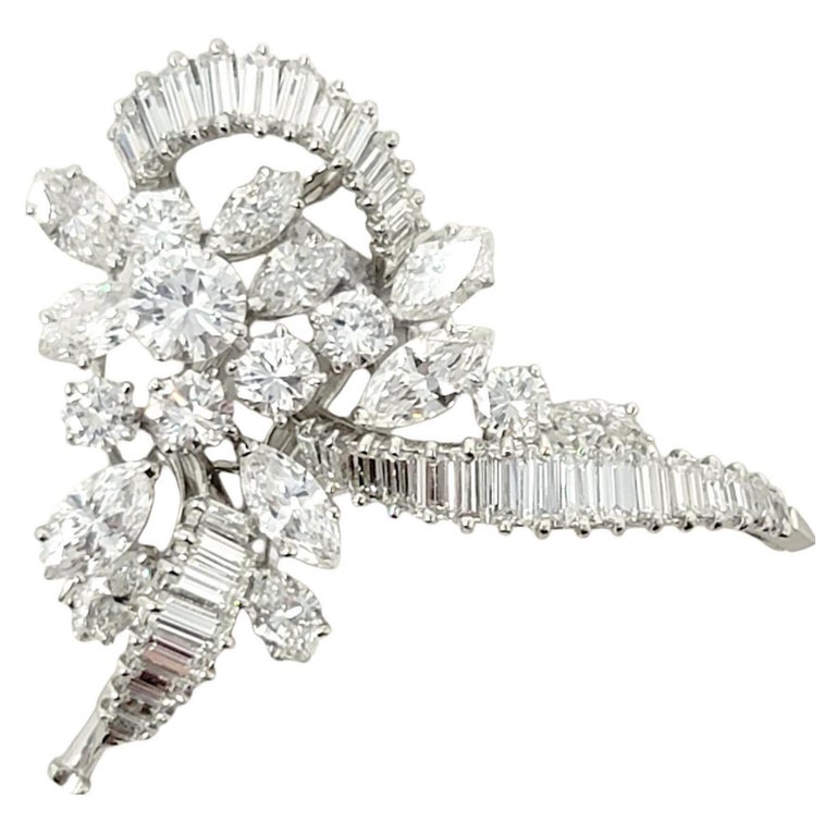 5.55 Carats Total Baguette, Marquis and Round Diamond and Platinum Brooch F-G/VS For Sale