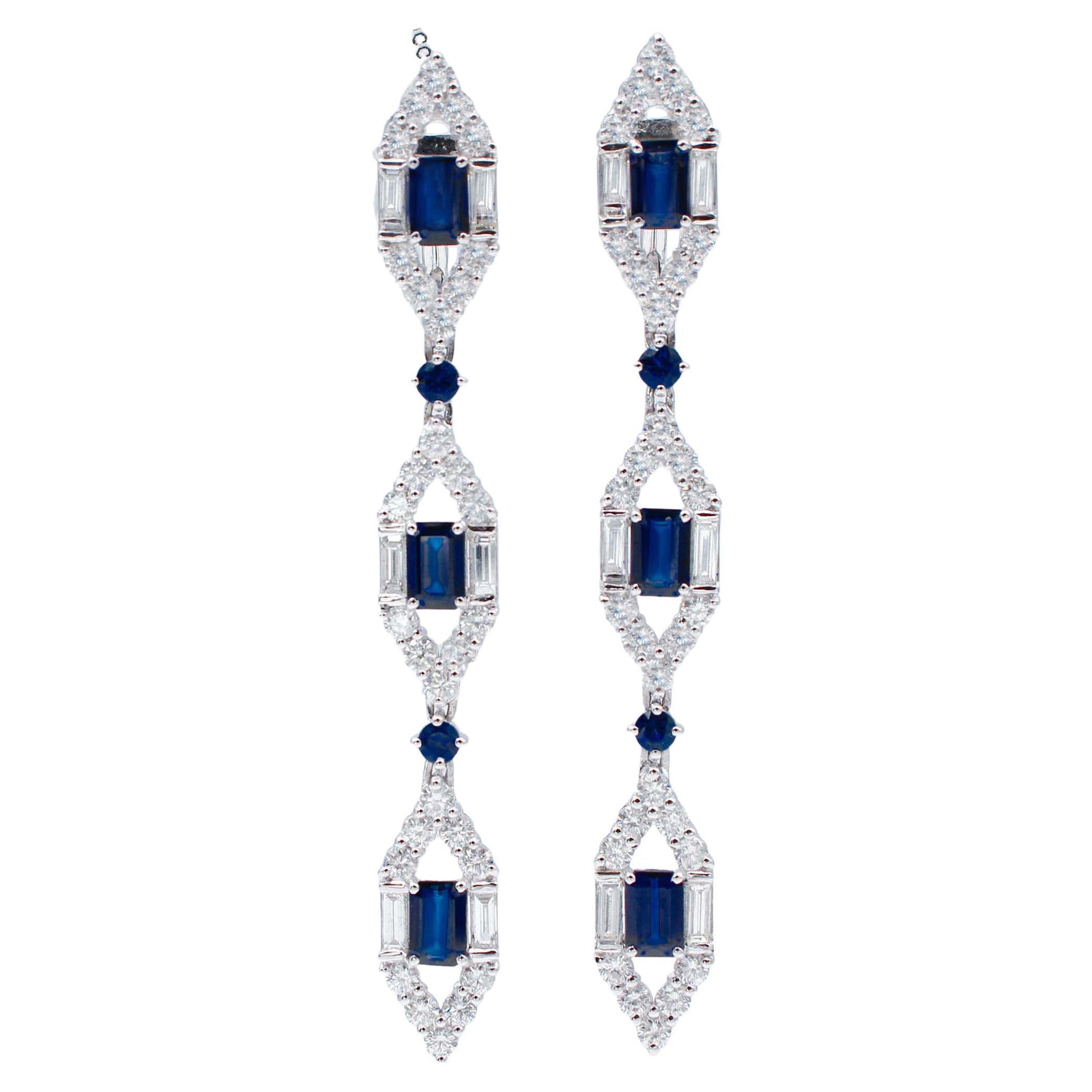 Blue Sapphires, Diamonds, 18 Karat White Gold Dangle Earrings