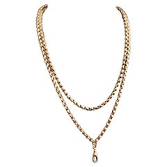 Antique 9 Karat Yellow Gold Longuard Chain Necklace, Muff Chain, Fancy Link