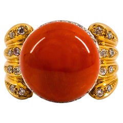 Art Deco Red Mediterranean Coral White Diamond Emerald Yellow Gold Cocktail Ring