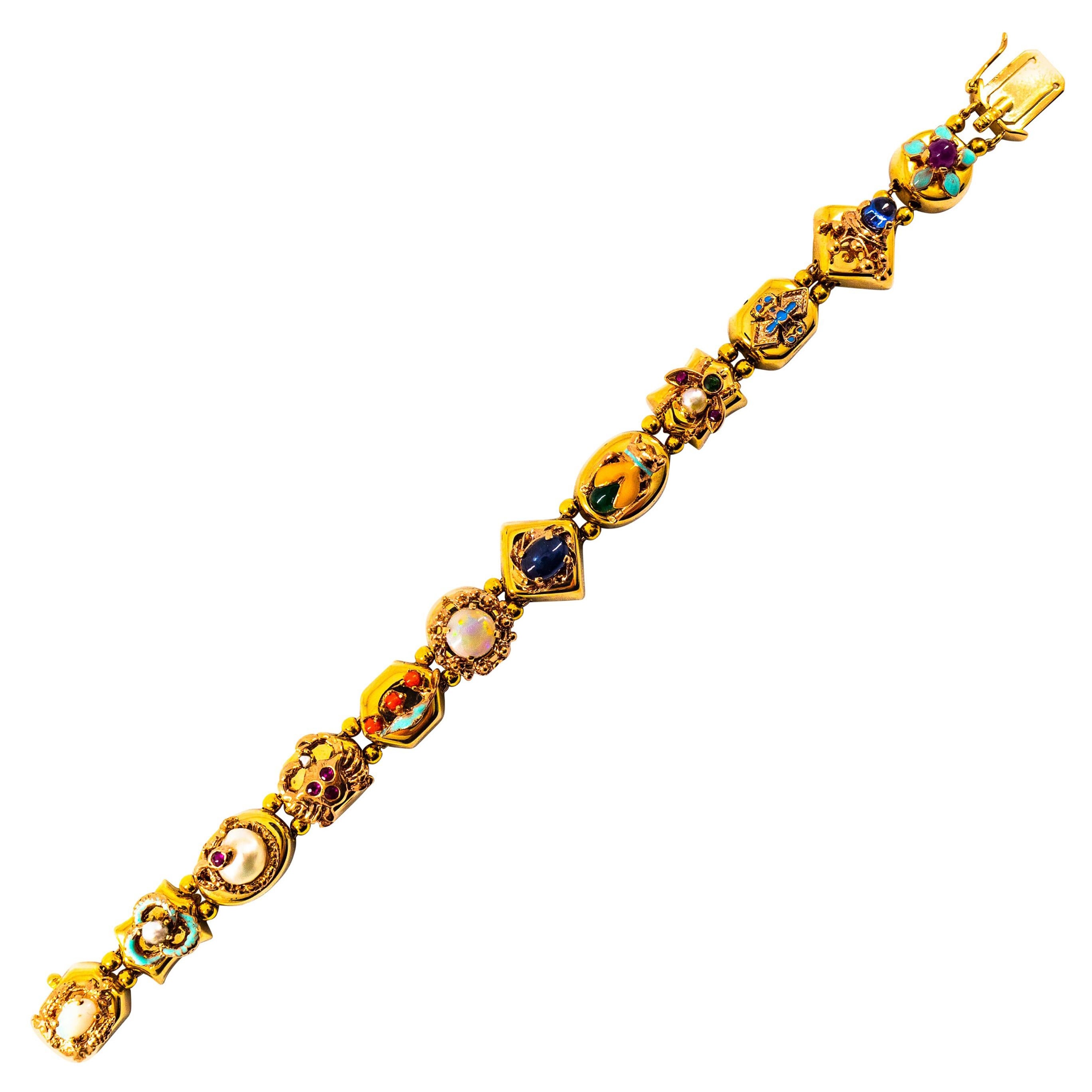 Art Nouveau Ruby Blue Sapphire Emerald Coral Opal Pearl Yellow Gold Bracelet