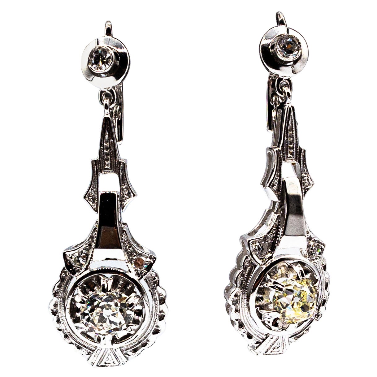 Art Deco Style 1.30 Carat White Diamond White Gold Drop Lever-Back Earrings For Sale