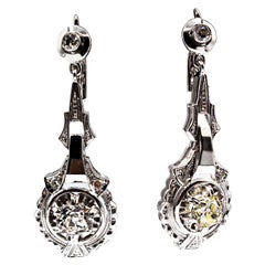 Boucles d'oreilles à levier en or blanc avec diamants blancs de 1,30 carat, style Art déco