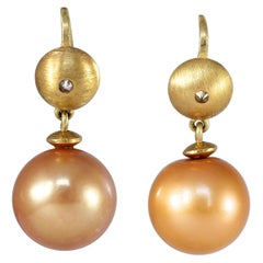 Custom Golden South Sea Pearls Diamond 22-21k Gold Drop Dangle Earrings