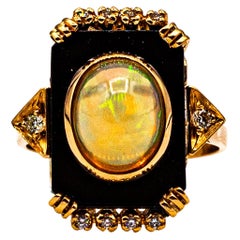 Art Deco Style 2.23 Carat White Diamond Opal Onyx Yellow Gold Cocktail Ring