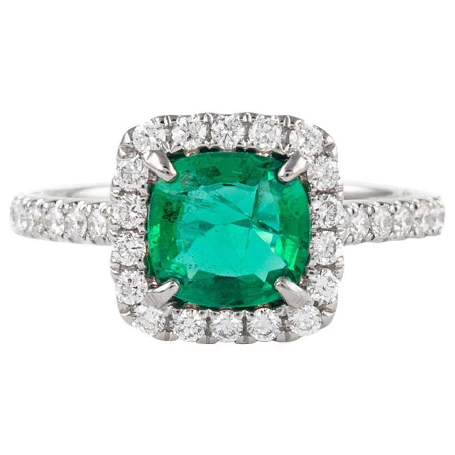 1.73ctt Carat Cushion Emerald with Diamond Halo Ring 18k White Gold
