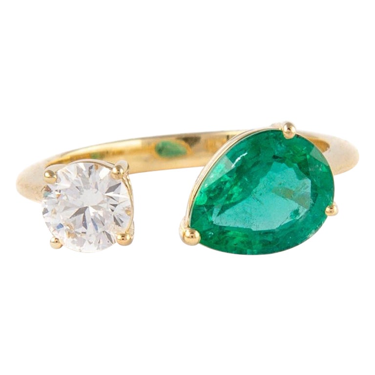 Alexander 2.09 Carat Toi Et Moi Emerald & Diamonds Ring 18k Yellow Gold