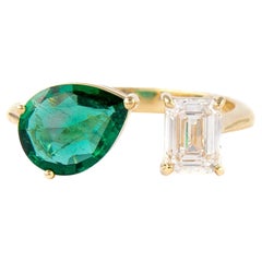 Alexander 1.86 Carat Toi Et Moi Emerald & Diamonds Ring 18k Yellow Gold