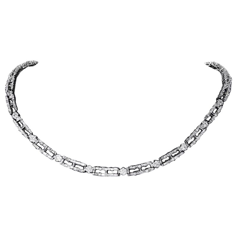 AGS Certified 14K White Gold 8 1/2 Carat Diamond Cluster Link Choker Necklace For Sale