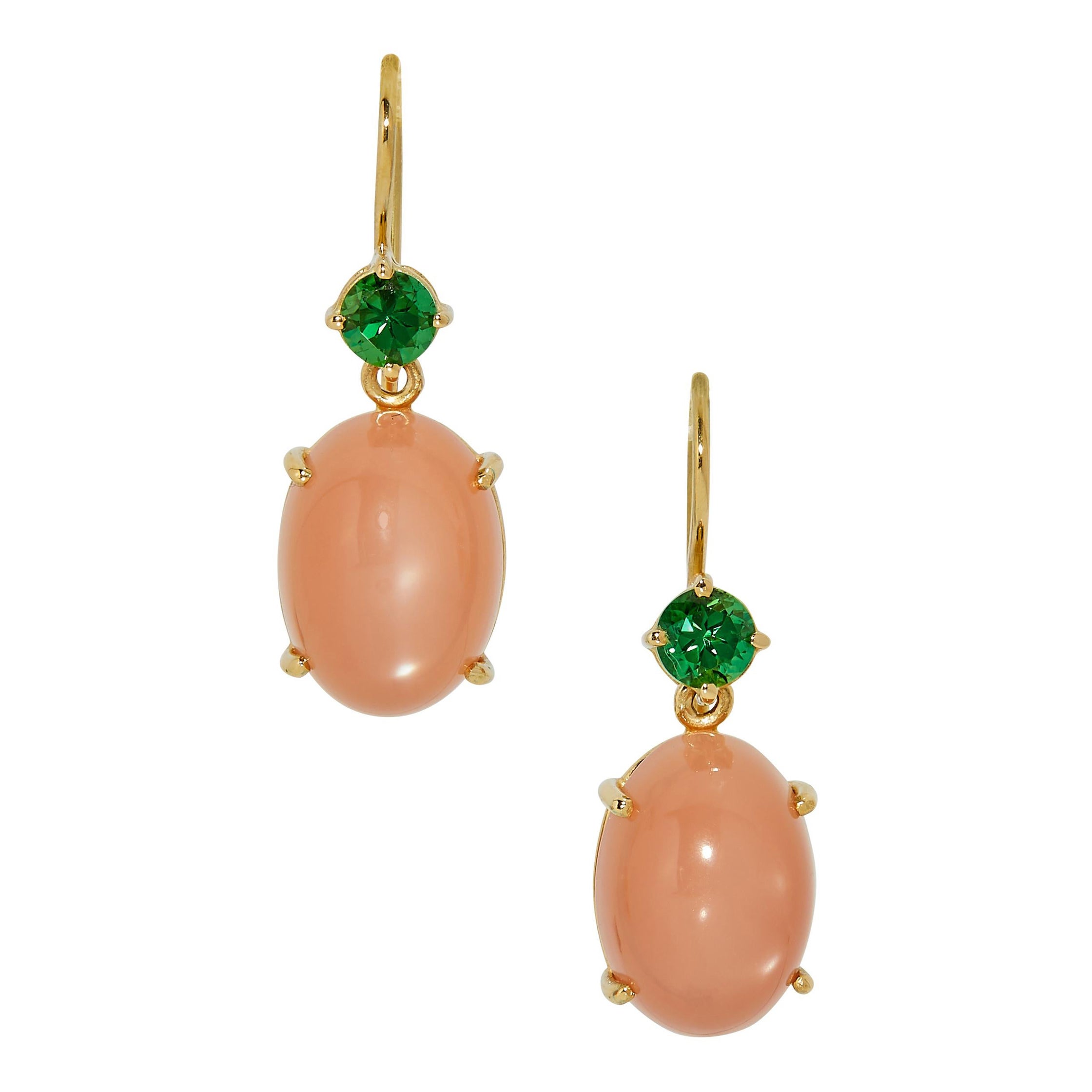 18K Yellow Gold Drop Dangle Earrings with 13.47 Carat Moonstones and Tourmalines