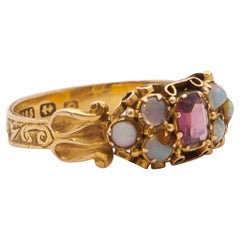 1865 Victorian Amethyst Opal 15 Karat Yellow Gold Ring