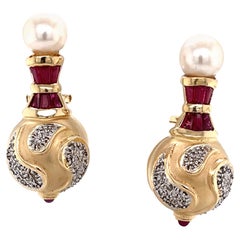 Pearl, Ruby Diamond 14 Karat Yellow Gold Drop Renaissance Style Earrings